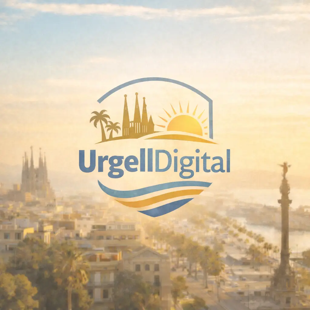 Urgell Digital logo mockup featuring a minimalist navy blue and warm Barcelona yellow design, inspired by the Urgell neighborhood in Barcelona, representing a premium creative digital agency specializing in web design, social media management, content and advertising production.